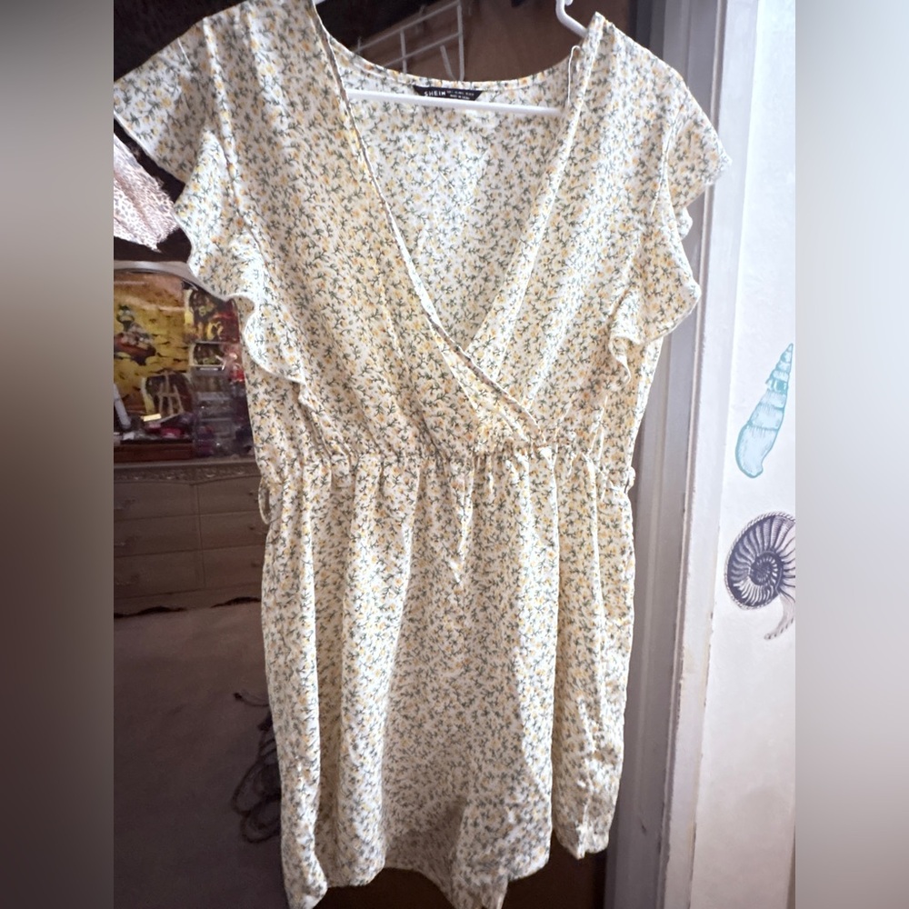SHEIN Yellow Floral Wrap-Style Shorts Romper
